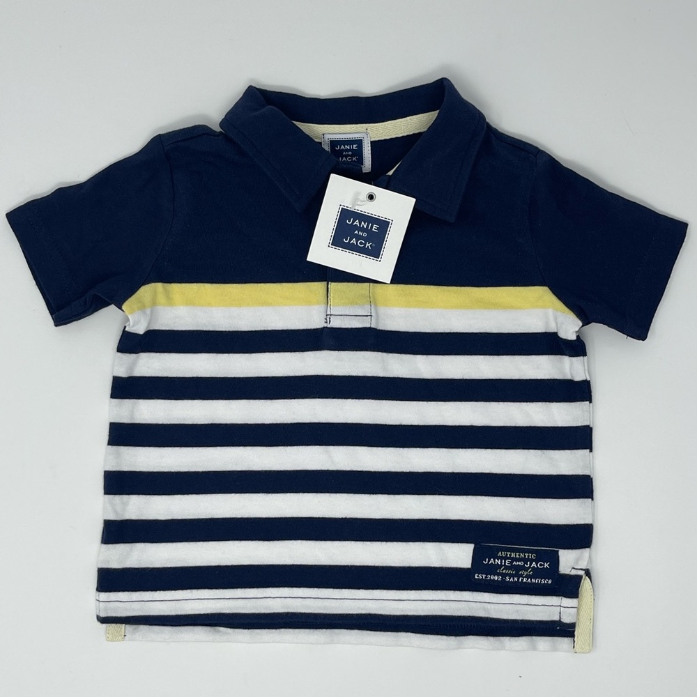 JANIE AND JACK: Navy/White/Yellow Stripped Polo Shirt, Size 3-6 Months